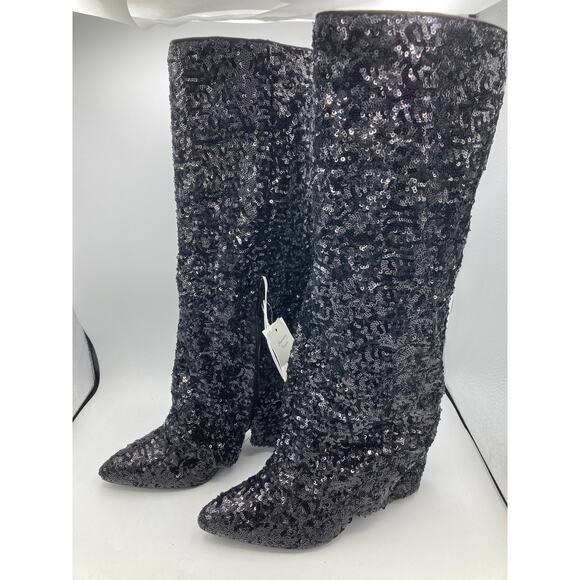 A New Day Abba Black Sequin Covered Foldover Knee High Evening Boots -- Size 6.5 - Picture 2 of 7